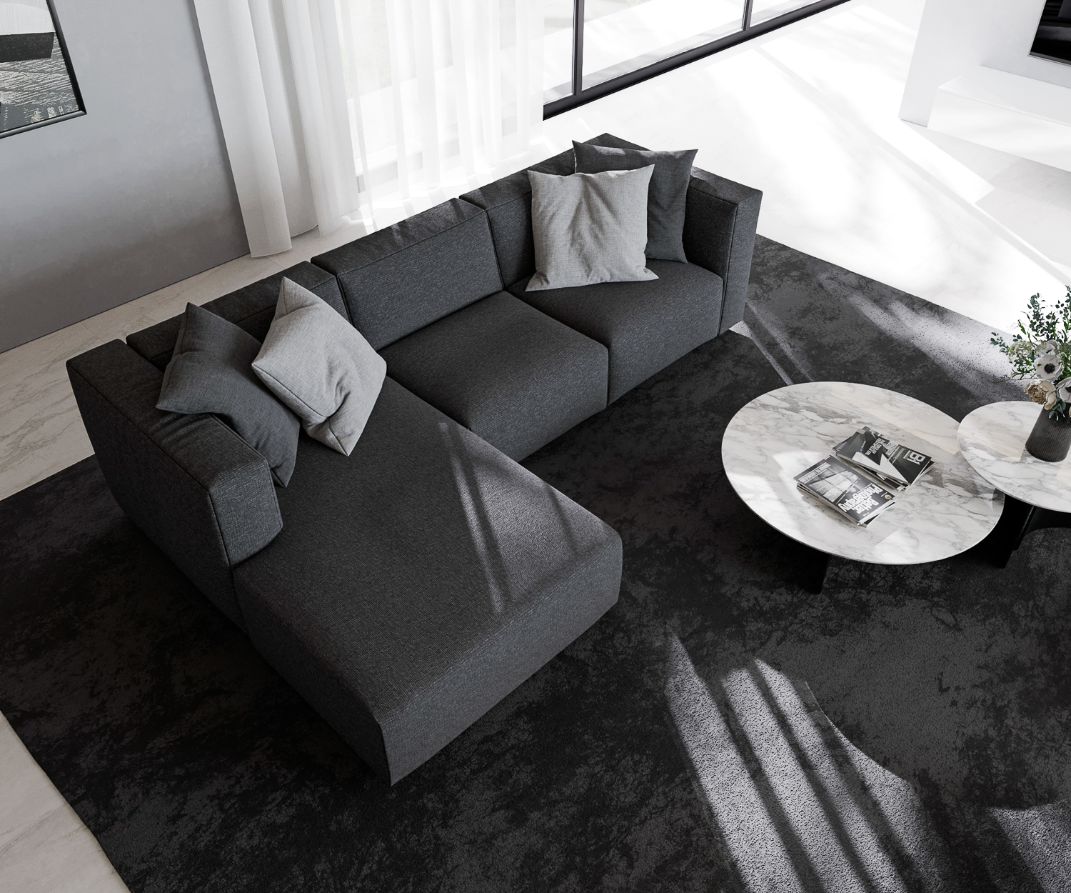 Prostoria Designer Canapé de salon Match L exclusif moderne haut de gamme revêtement tissu avec recamière canapé d'angle trois places vue de face Prostoria Designer Canapé de salon Match L exclusif moderne haut de gamme revêtement tissu avec recamière canapé d'angle trois places vue de face