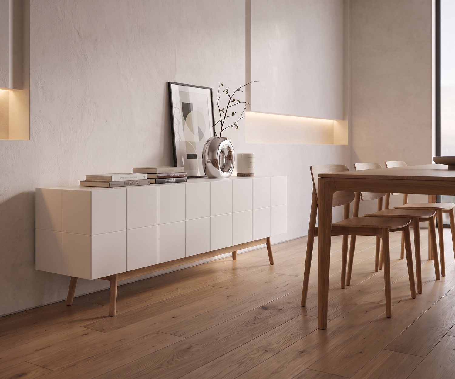 Buffet al2 MOS-I-KO 003 B pour salle à manger, blanc laqué mat avec pieds en bois de style moderne minimaliste.