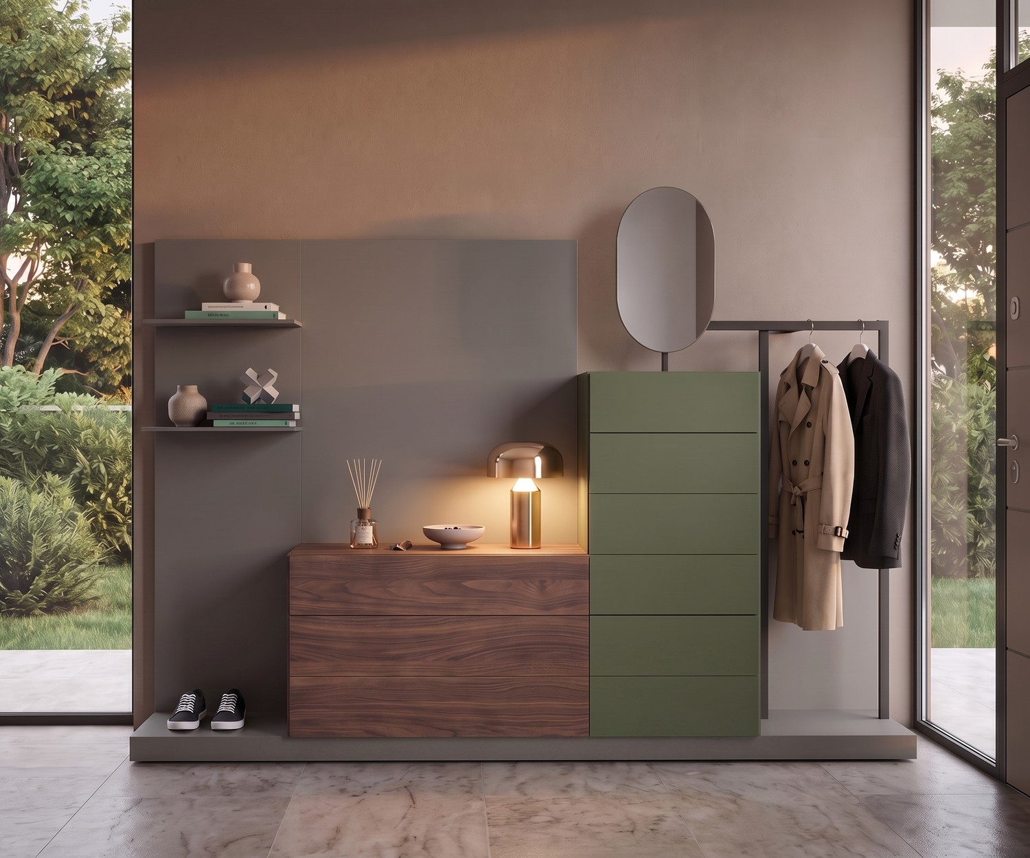 Vestiaire d'entrée Novamobili Easy 9 avec commode Vestiaire d'entrée Novamobili Easy 9 avec commode modulaire, miroir et penderie en vert et bois pour un hall moderne.