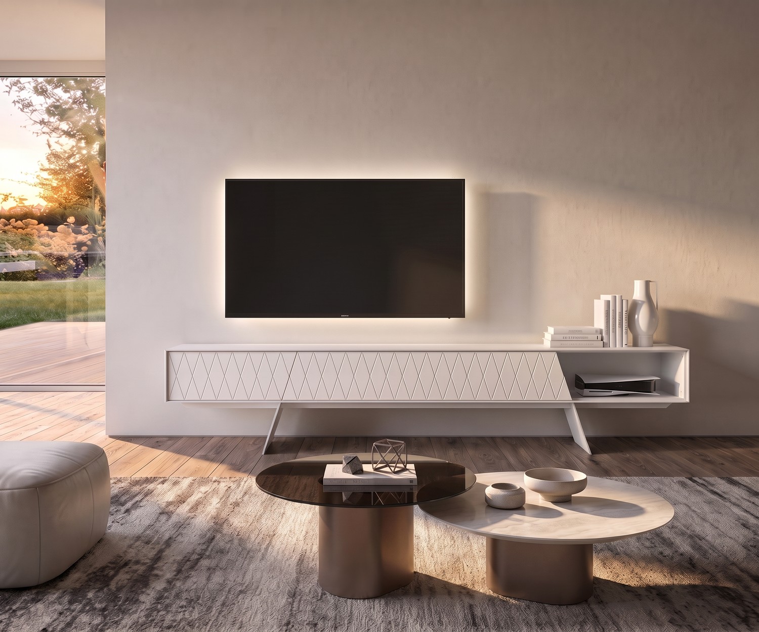 Meuble TV design al2 e-klipse 008 blanc Meuble TV bas al2 e-klipse 008 pour le salon, buffet blanc au design de losanges avec piètement élégant.