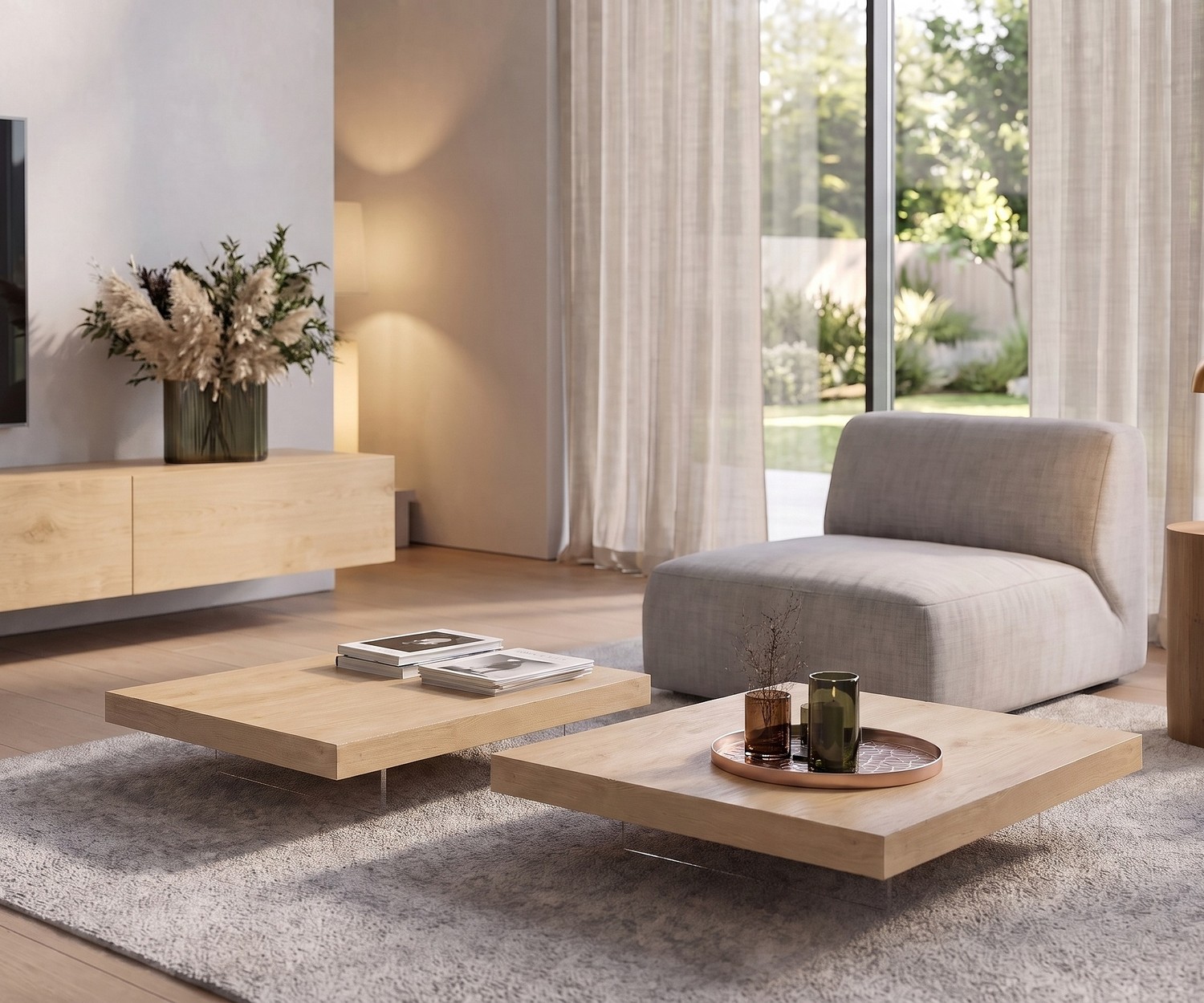 Table basse Livitalia Low en chêne clair Table basse Livitalia Low en chêne clair pour salon moderne au design minimaliste avec piètement transparent.