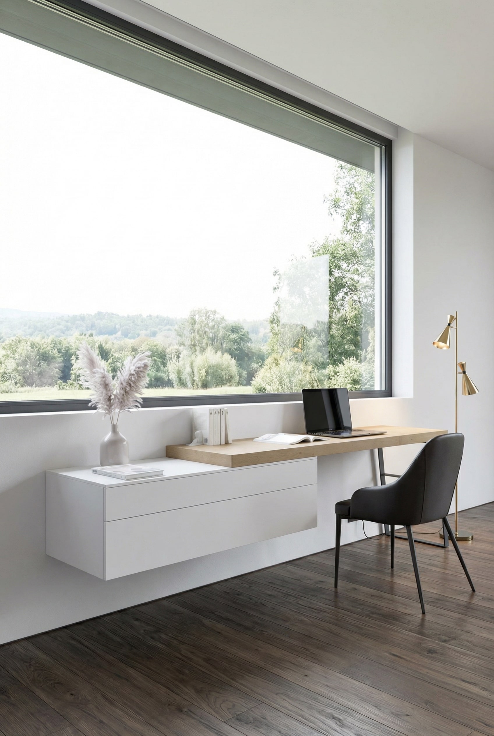 Commode murale flottante Livitalia Ecletto dans un espace de chambre architecturalement moderne. Commode murale flottante Livitalia Ecletto dans un espace de chambre architecturalement moderne.
