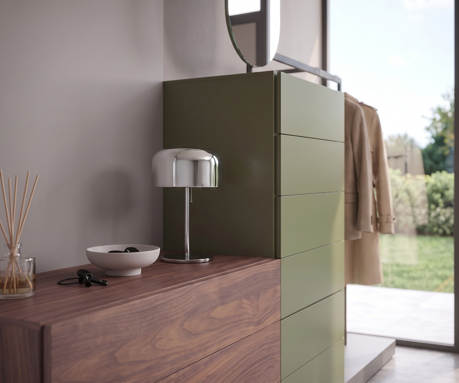 Commode avec penderie Novamobili Easy 9 Commode avec penderie Novamobili Easy 9 pour entrée en noyer et vert sauge, design italien moderne et modulaire.