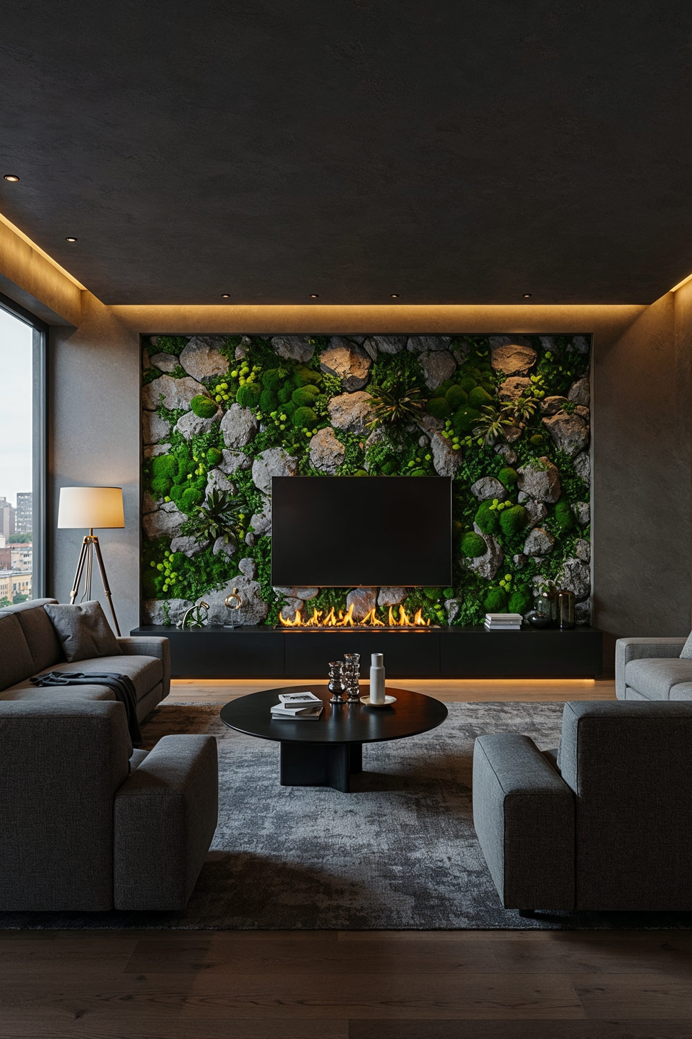 salon moderne en gris et noir avec de grands canap&eacute;s d'angle devant un mur TV en pierre et plantes