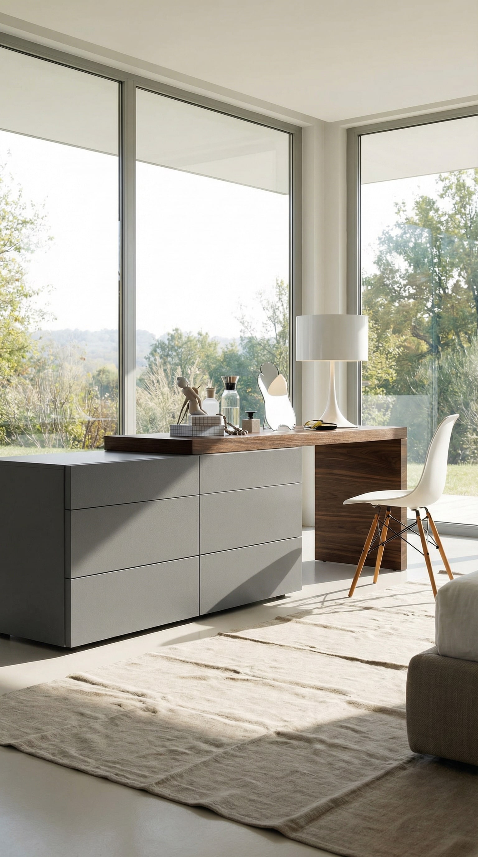 Commode hybride avec bureau intégré dans une chambre moderne ou un bureau à domicile. Commode hybride avec bureau intégré dans une chambre moderne ou un bureau à domicile.