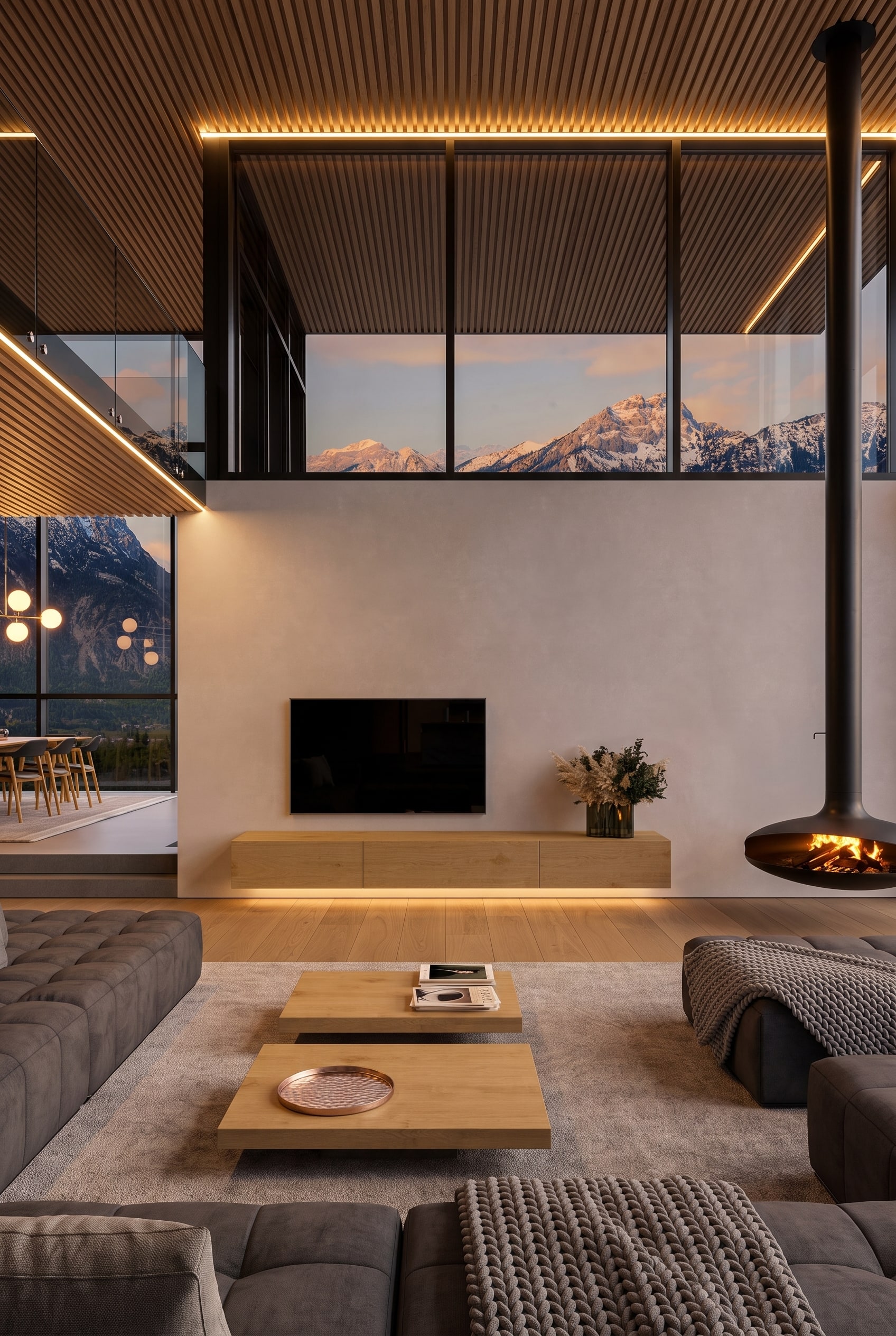 Moderne Wohnwand aus Eichenholz, neben der ein freistehender, schwarzer Designer-Kamin als separates architektonisches Element platziert ist