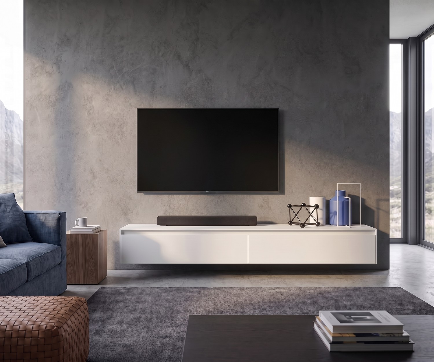 Meuble TV suspendu blanc design Novamobili Reverse Meuble TV suspendu Novamobili Reverse blanc dans un salon moderne face à un mur en béton brut.
