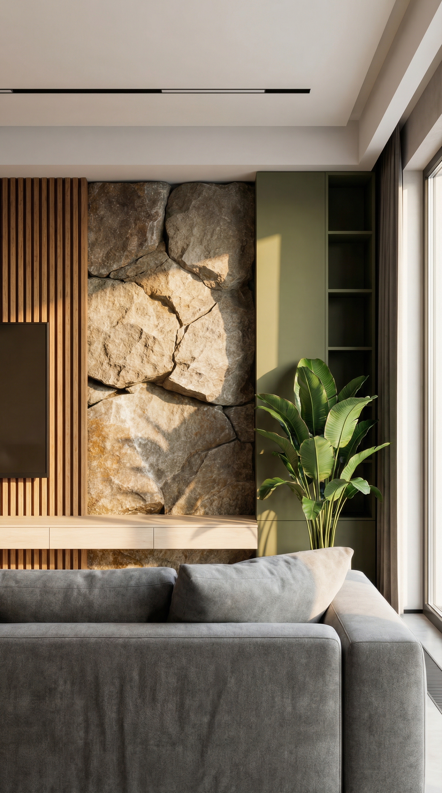 Meuble TV avec v&eacute;ritable rev&ecirc;tement en pierre et bois devant un mur vert olive