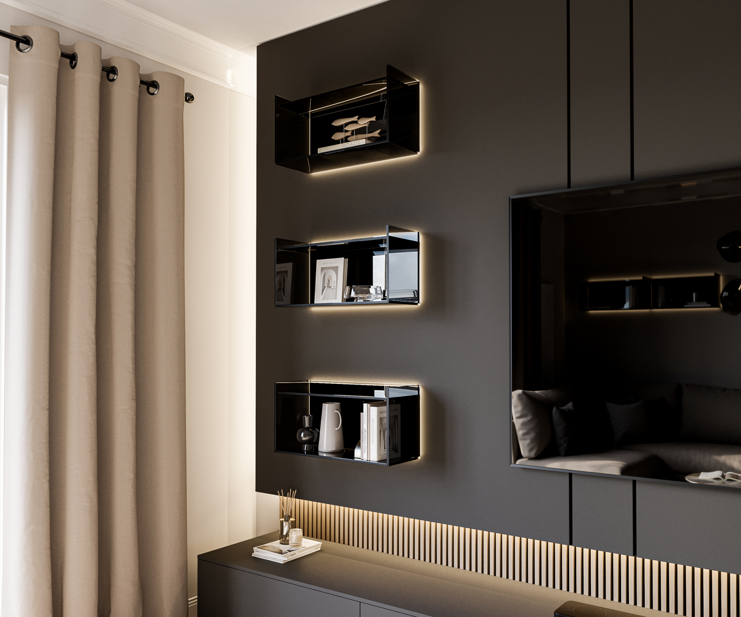 Etagère murale suspendue Livitalia verre design intégrée dans le panneau mural du salon Etagère murale suspendue Livitalia verre design intégrée dans le panneau mural du salon