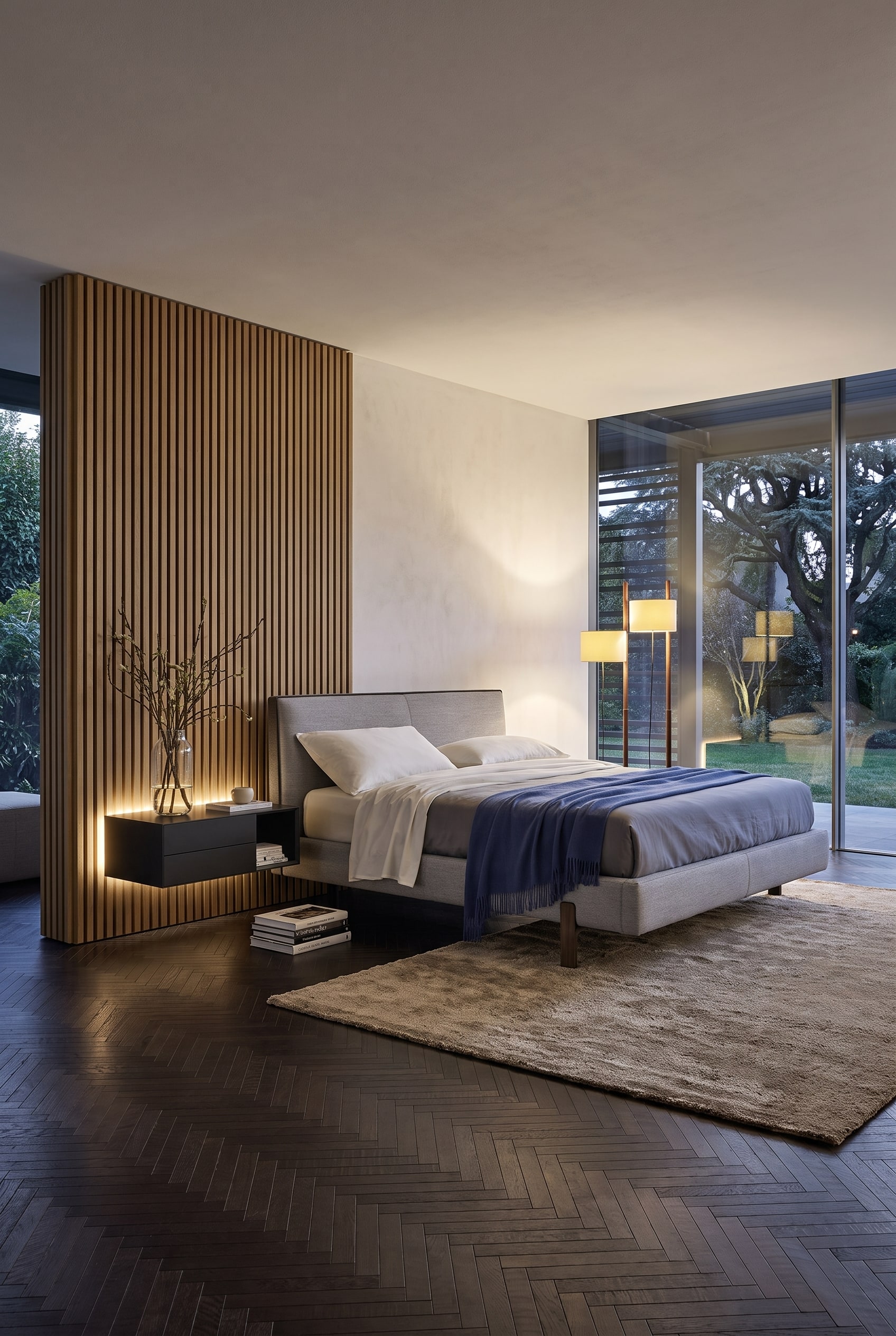 Modernes Schlafzimmer mit asymmetrischen Akustikpaneelen Modernes Schlafzimmer mit asymmetrischen Akustikpaneelen