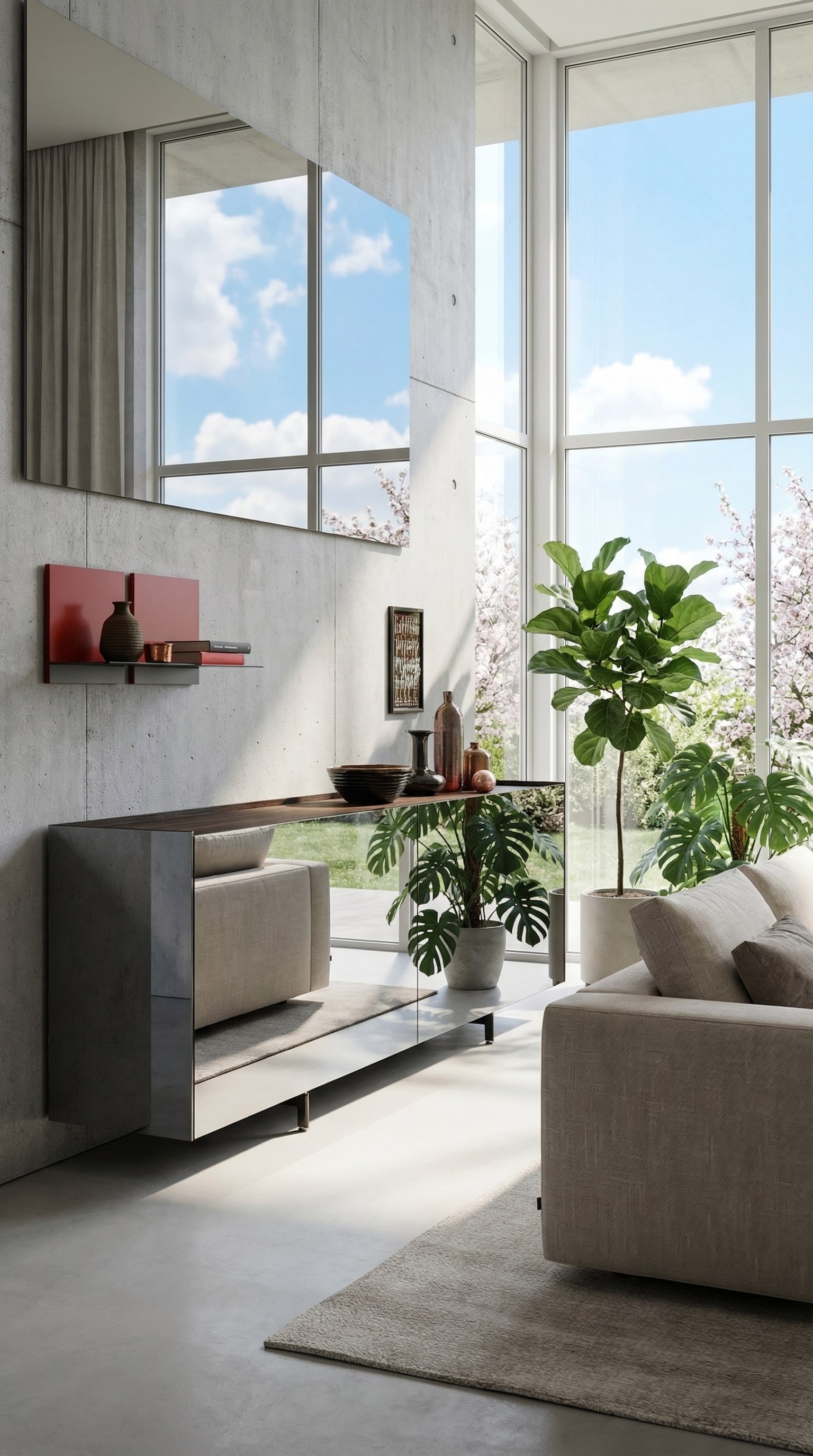 Salon avec un buffet miroir qui reflète la lumière du jour et la nature. Salon avec un buffet miroir qui reflète la lumière du jour et la nature.