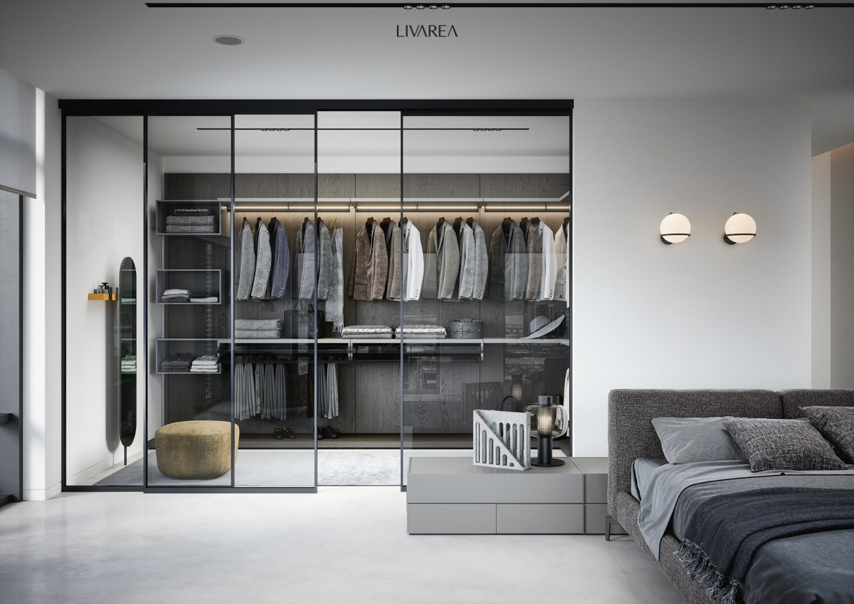 Système de penderie ouvert pour s'habiller avec des boxes ouverts, des porte-pantalons et des leds horizontales sur la barre de penderie. Système de penderie ouvert pour s'habiller avec des boxes ouverts, des porte-pantalons et des leds horizontales sur la barre de penderie.