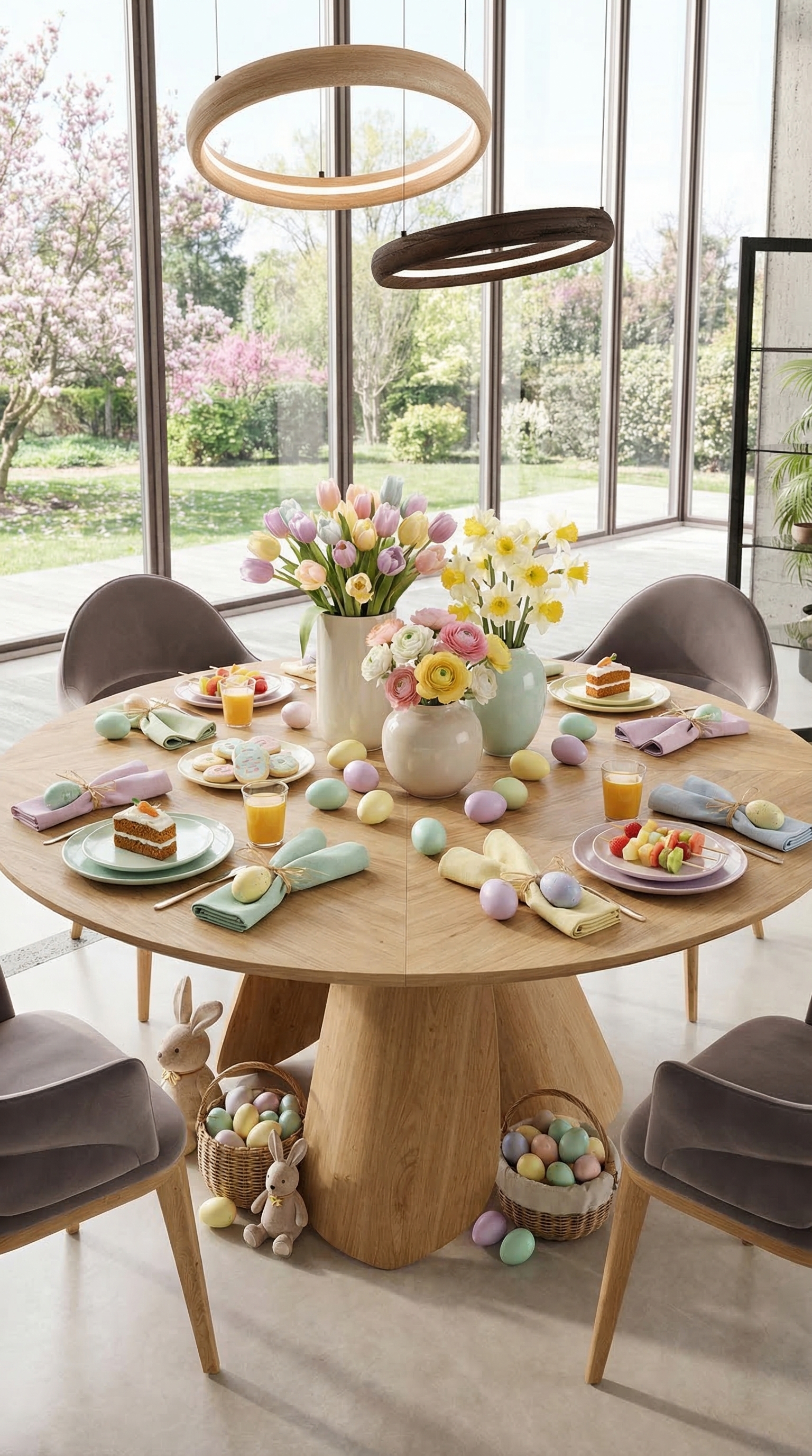Une table à manger ronde avec une décoration de Pâques adaptée aux enfants dans des couleurs pastel et des lapins en serviettes. Une table à manger ronde avec une décoration de Pâques adaptée aux enfants dans des couleurs pastel et des lapins en serviettes.
