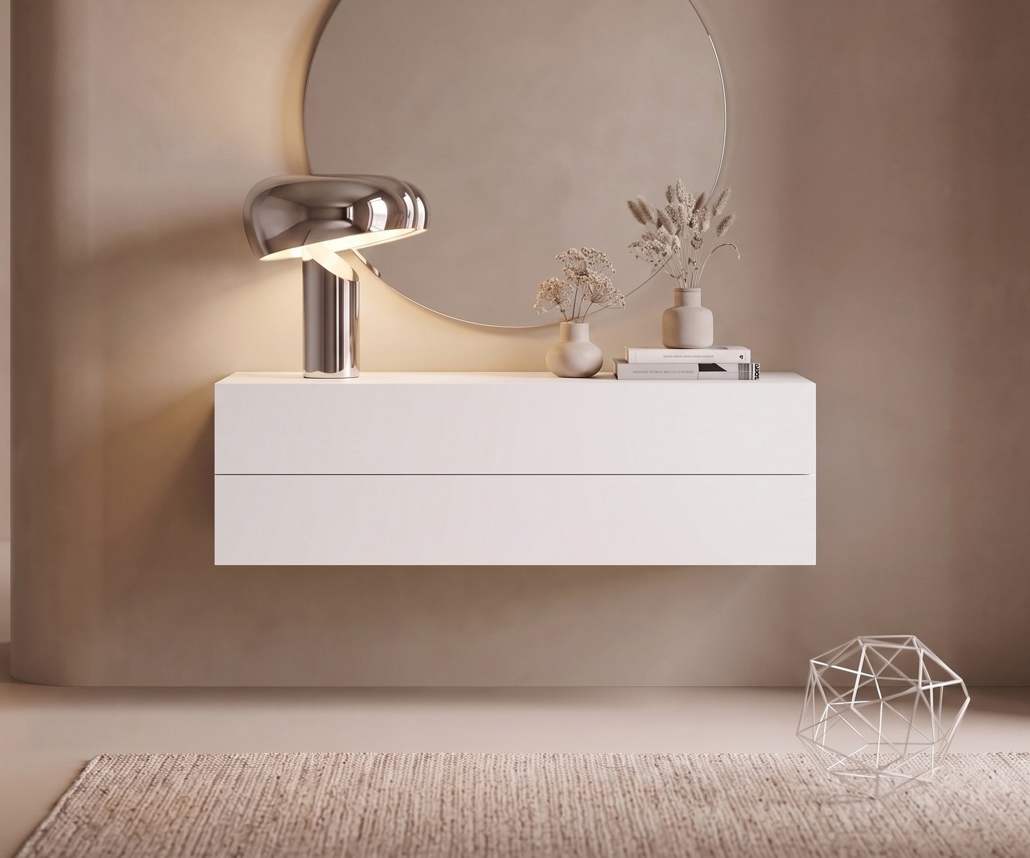 Commode suspendue blanche Easy par Novamobili Commode suspendue Easy Novamobili blanche dans un couloir moderne, meuble à tiroirs suspendu avec miroir rond et lampe.