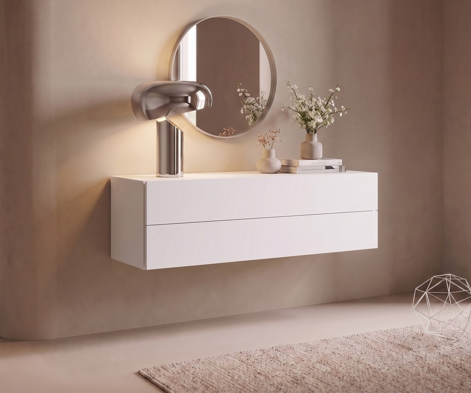 Commode suspendue Novamobili Easy pour entrée, buffet suspendu blanc à tiroirs dans un style moderne et minimaliste