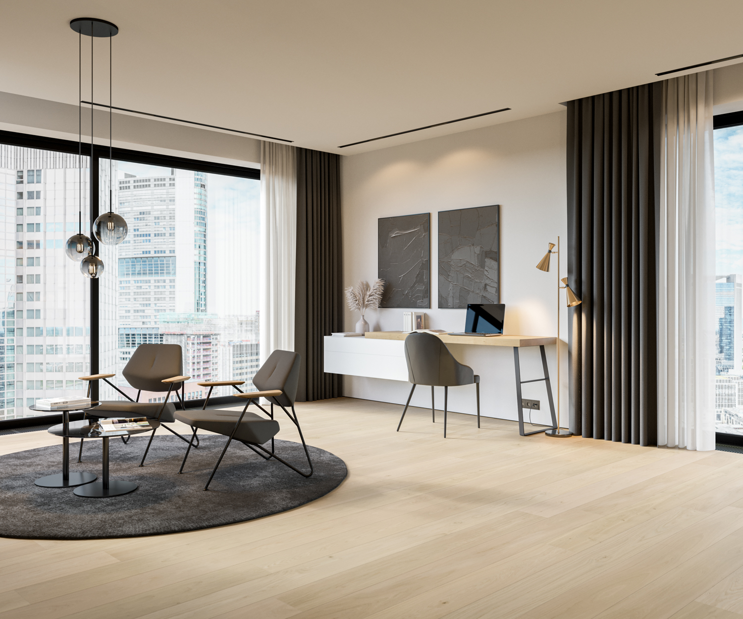 Appartement de luxe avec un bureau moderne, une commode et un salon confortable avec des fauteuils.