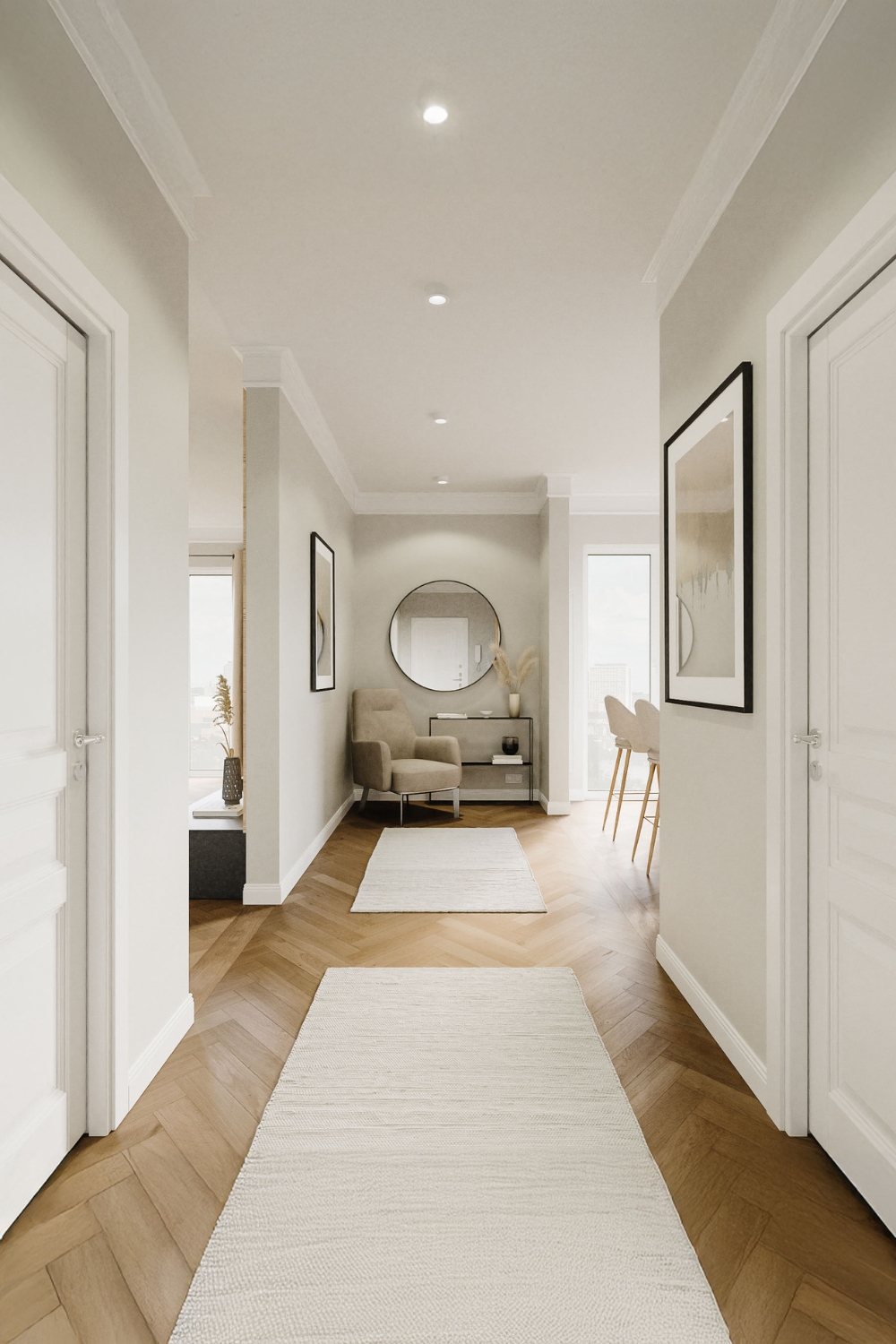 long couloir lumineux avec console &eacute;l&eacute;gante, miroir rond et fauteuil rembourr&eacute;