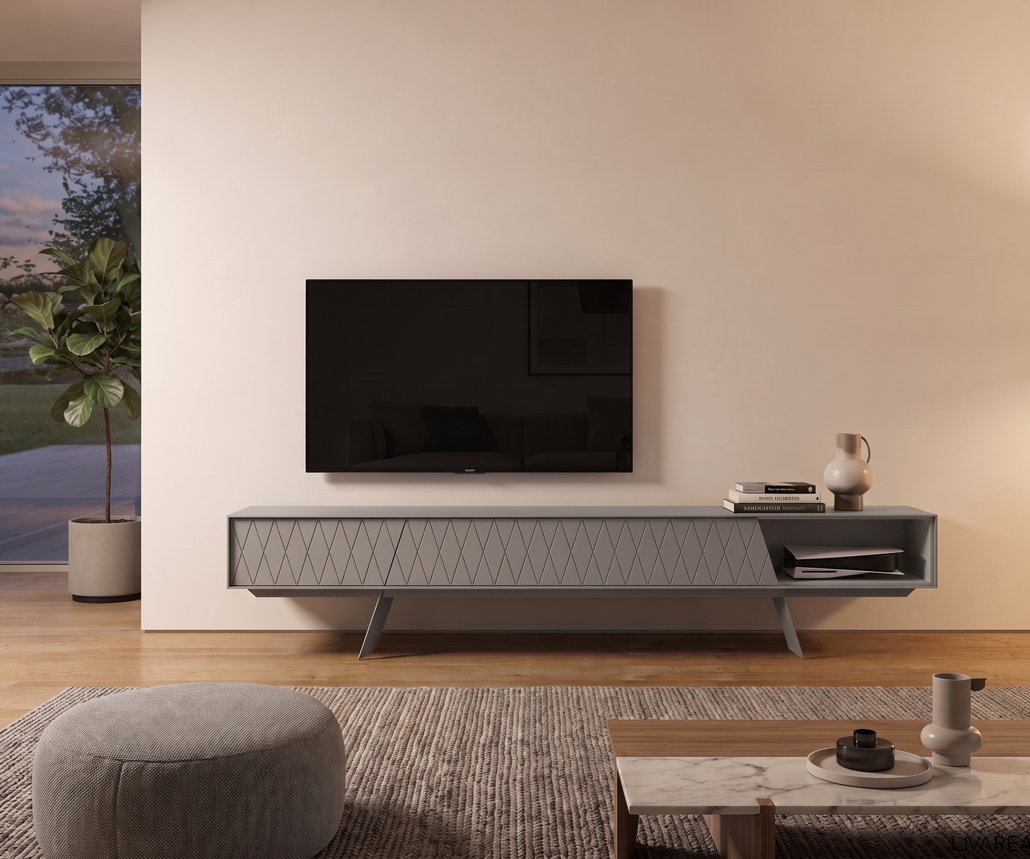 Meuble TV bas al2 e-klipse 008 dans un salon. Buffet bas moderne gris à motif losanges avec piètement élégant.