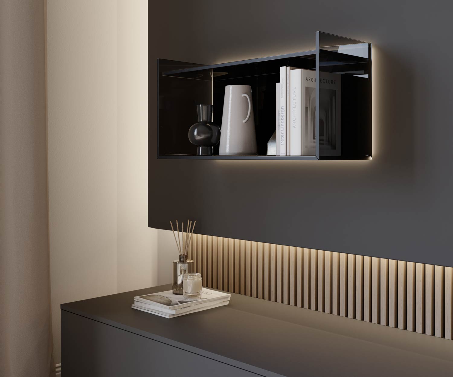 Livitalia Luxe Design TV Meuble-paroi C100 frontal étagère en verre Livitalia Luxe Design TV Meuble-paroi C100 frontal étagère en verre