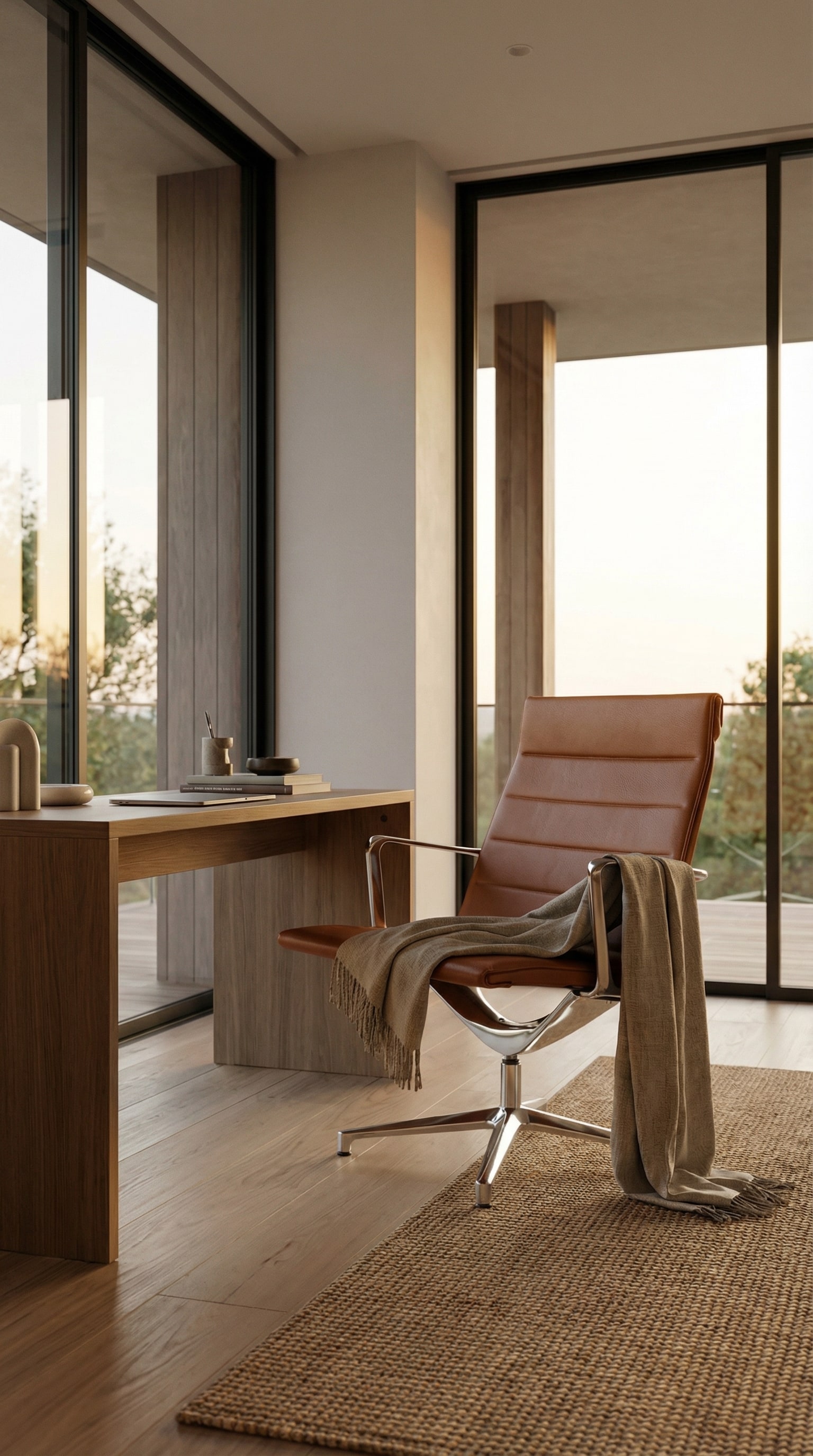Un espace de bureau à domicile élégant dans le salon avec une chaise de bureau lounge de haute qualité en cuir cognac, placée devant un bureau stylé en bois massif. Un espace de bureau à domicile élégant dans le salon avec une chaise de bureau lounge de haute qualité en cuir cognac, placée devant un bureau stylé en bois massif.