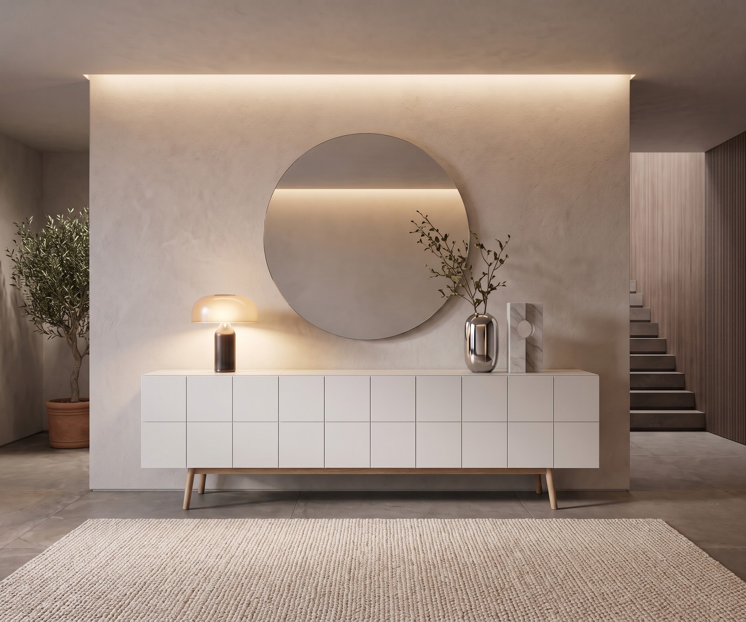Buffet design blanc MOS-I-KO 003 B avec pieds en bois Buffet design al2 MOS-I-KO 003 B dans une entrée chic. Meuble blanc laqué à effet de carreaux avec pieds en bois massif.