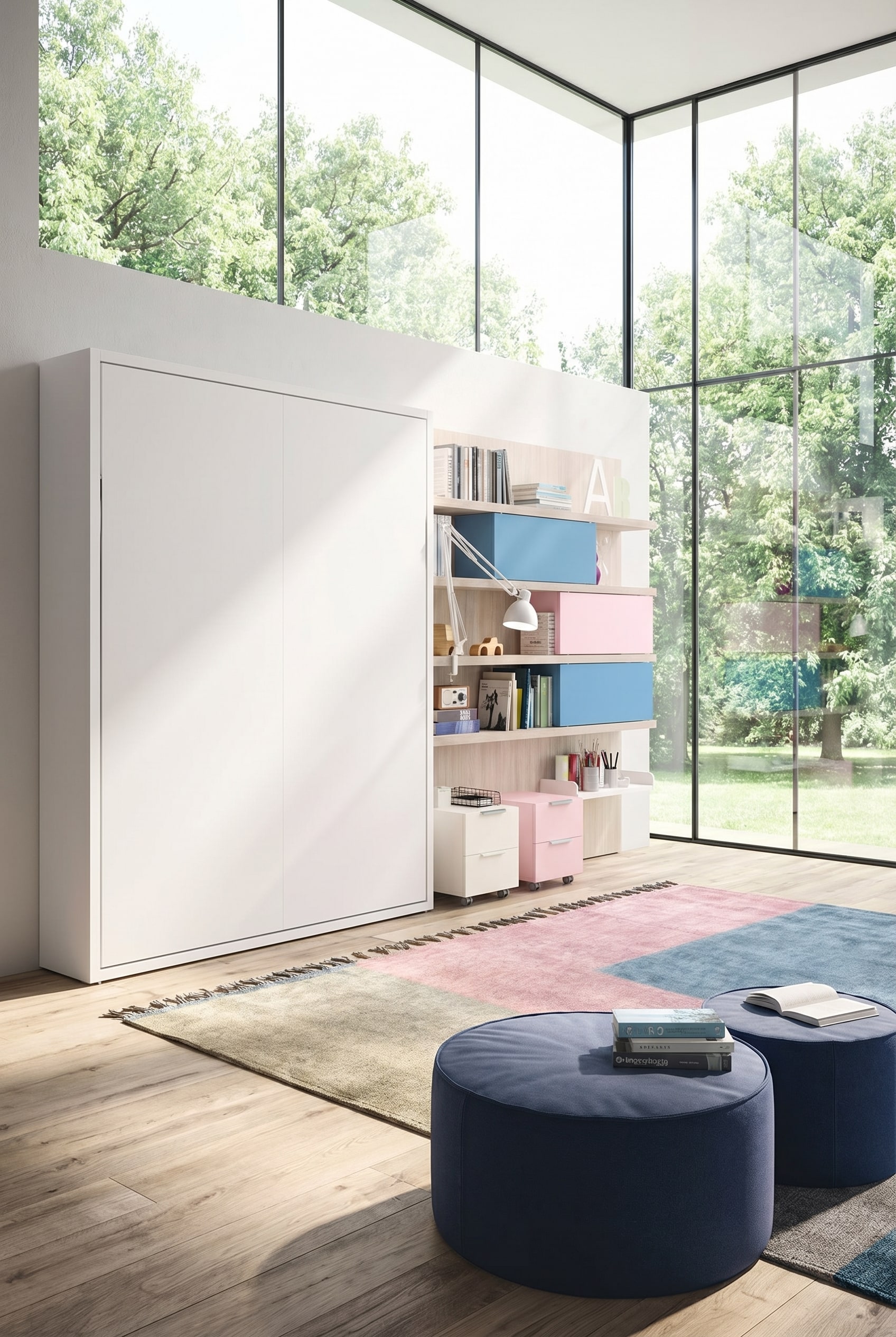 Une chambre d'enfant lumineuse avec un lit superposé escamotable peu encombrant, de grandes fenêtres et beaucoup d'espace de jeu libre. Une chambre d'enfant lumineuse avec un lit superposé escamotable peu encombrant, de grandes fenêtres et beaucoup d'espace de jeu libre.