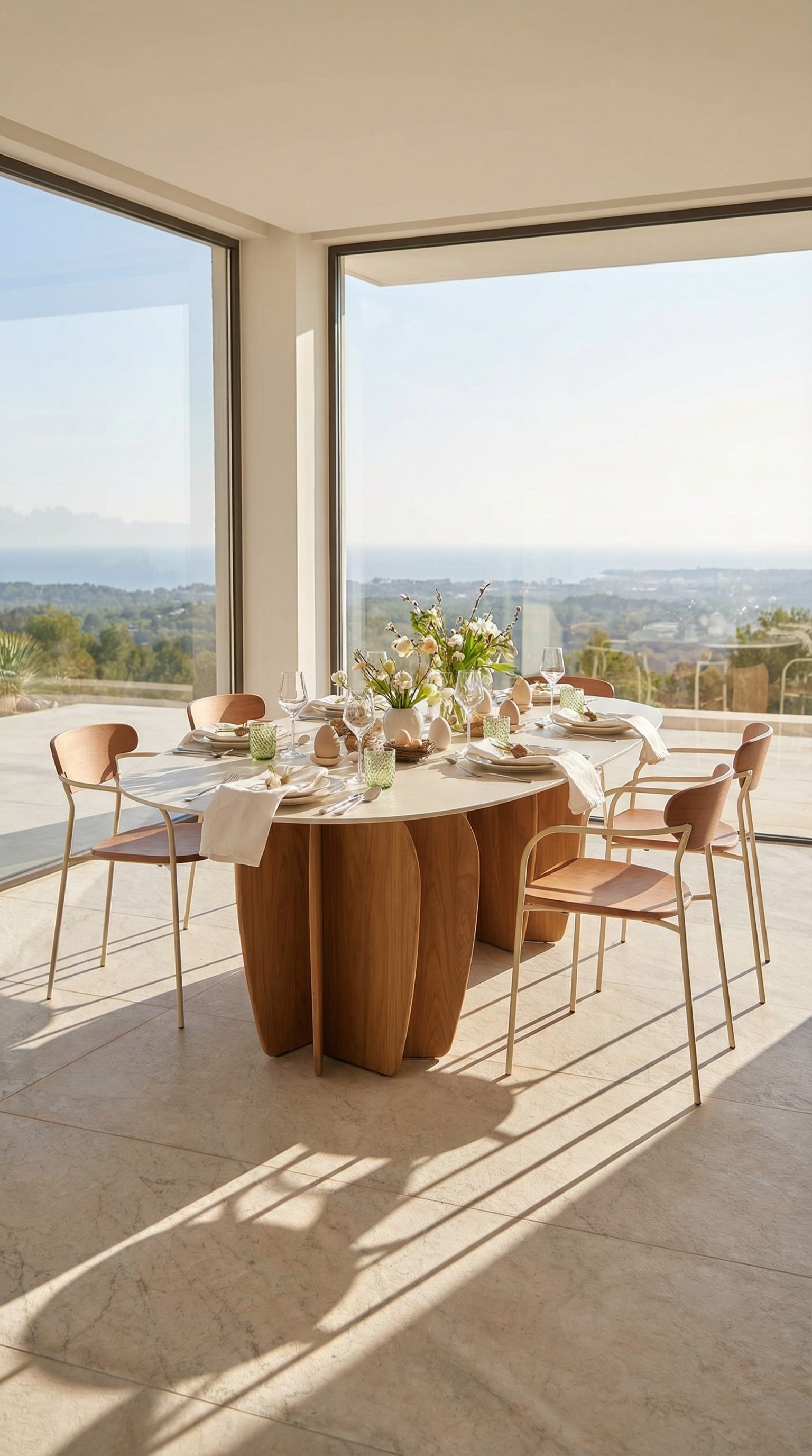 Table &agrave; manger d'ext&eacute;rieur architecturale sur une &eacute;l&eacute;gante terrasse en pierre avec une vue d&eacute;gag&eacute;e