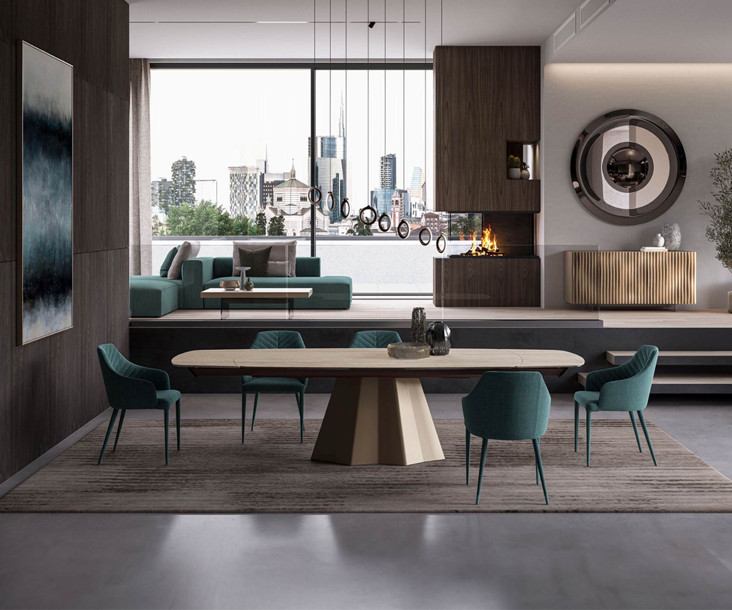 Luxuswohnung mit großem Ess- und Wohnbereich mit einem ausziehbaren Keramik Esstisch einrichten Luxuswohnung mit großem Ess- und Wohnbereich mit einem ausziehbaren Keramik Esstisch einrichten