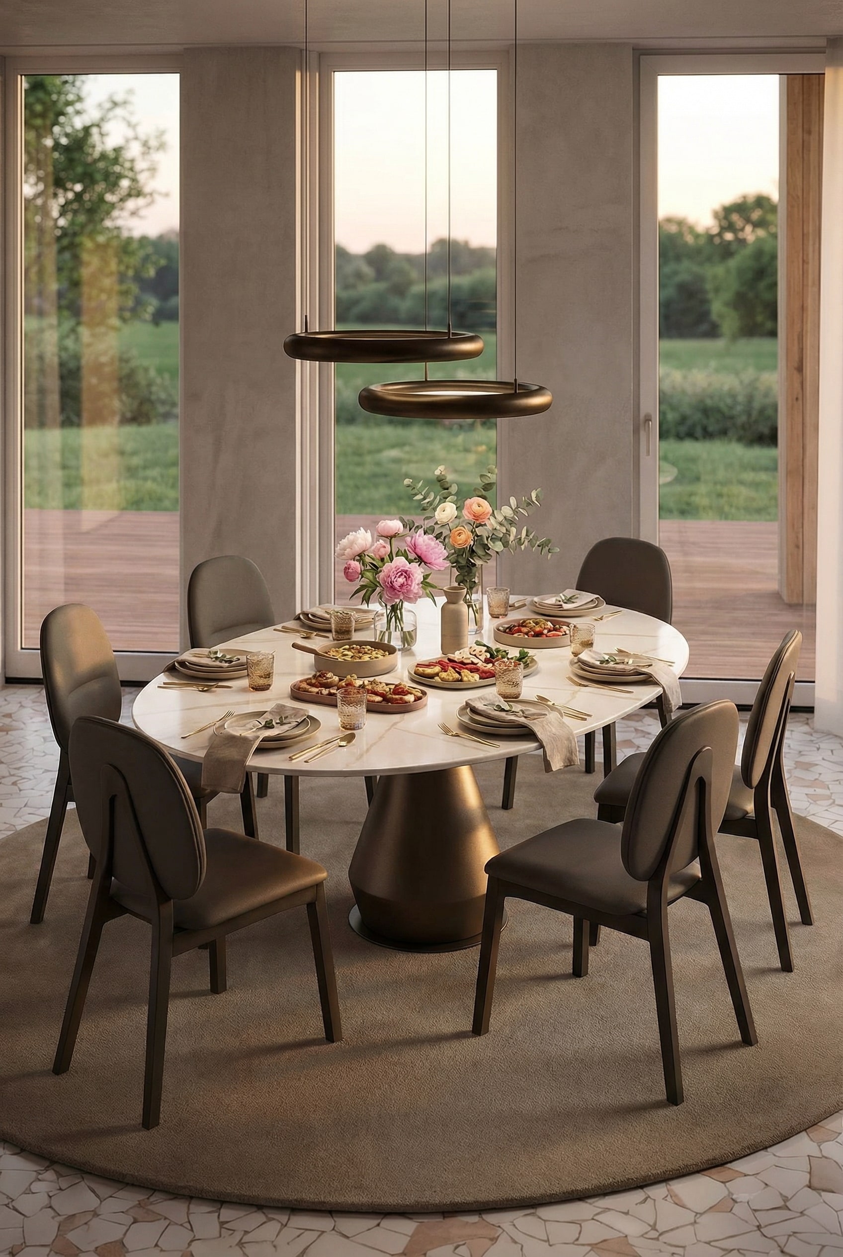 Table &agrave; manger ronde extensible Ozzio Lycos avec des chaises &eacute;l&eacute;gantes
