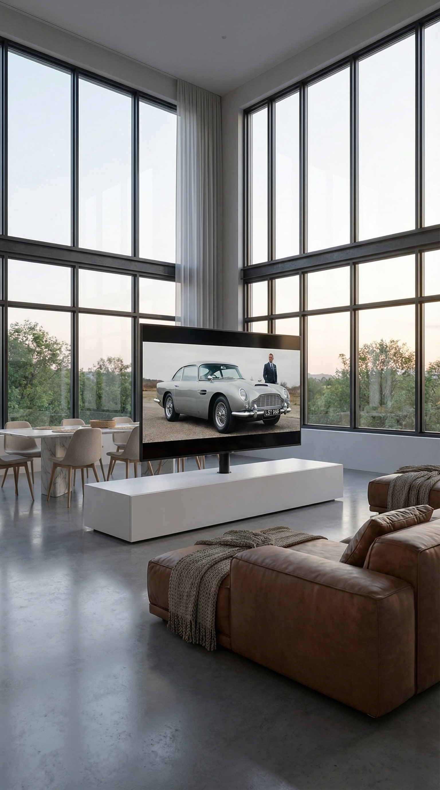 S&eacute;parateur de pi&egrave;ce TV autoportant noir Livitalia Roto Slim dans un grand loft avec baies vitr&eacute;es