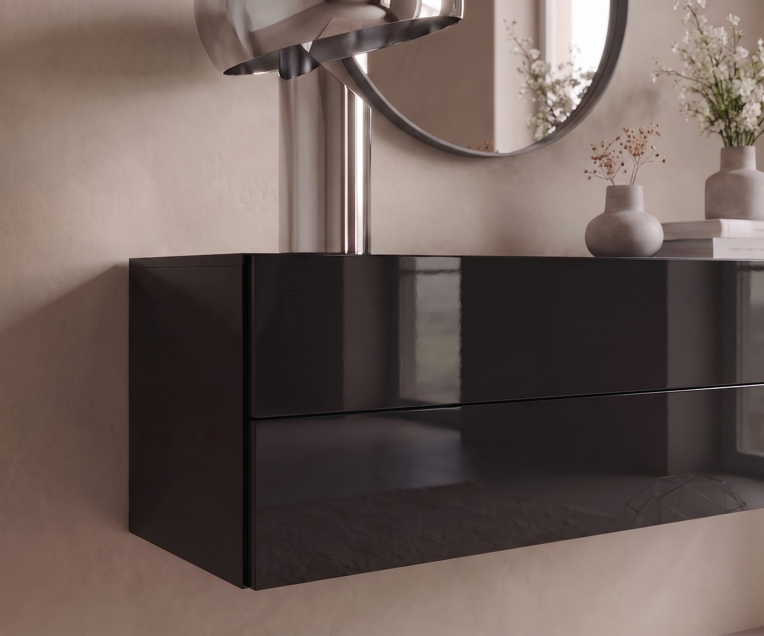 Commode suspendue Novamobili Easy pour entrée, buffet mural moderne en noir brillant pour un intérieur minimaliste.