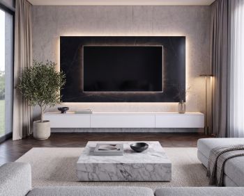 TV Paneel Keramik Schwarz B 240 cm an einer Sichtbetonwand